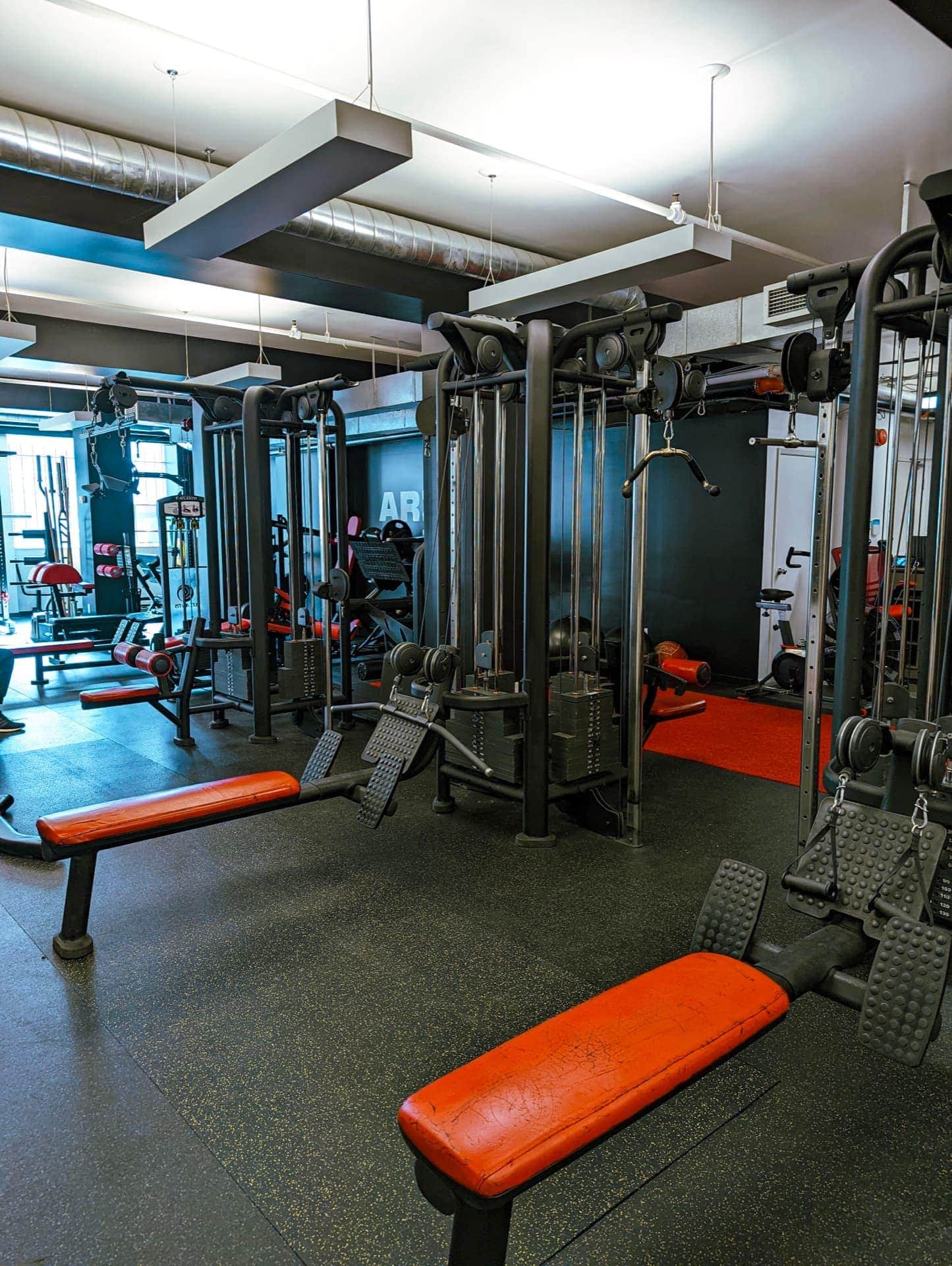 Cable training floor at Arzadon Fitness with multiple functional trainers and open layout